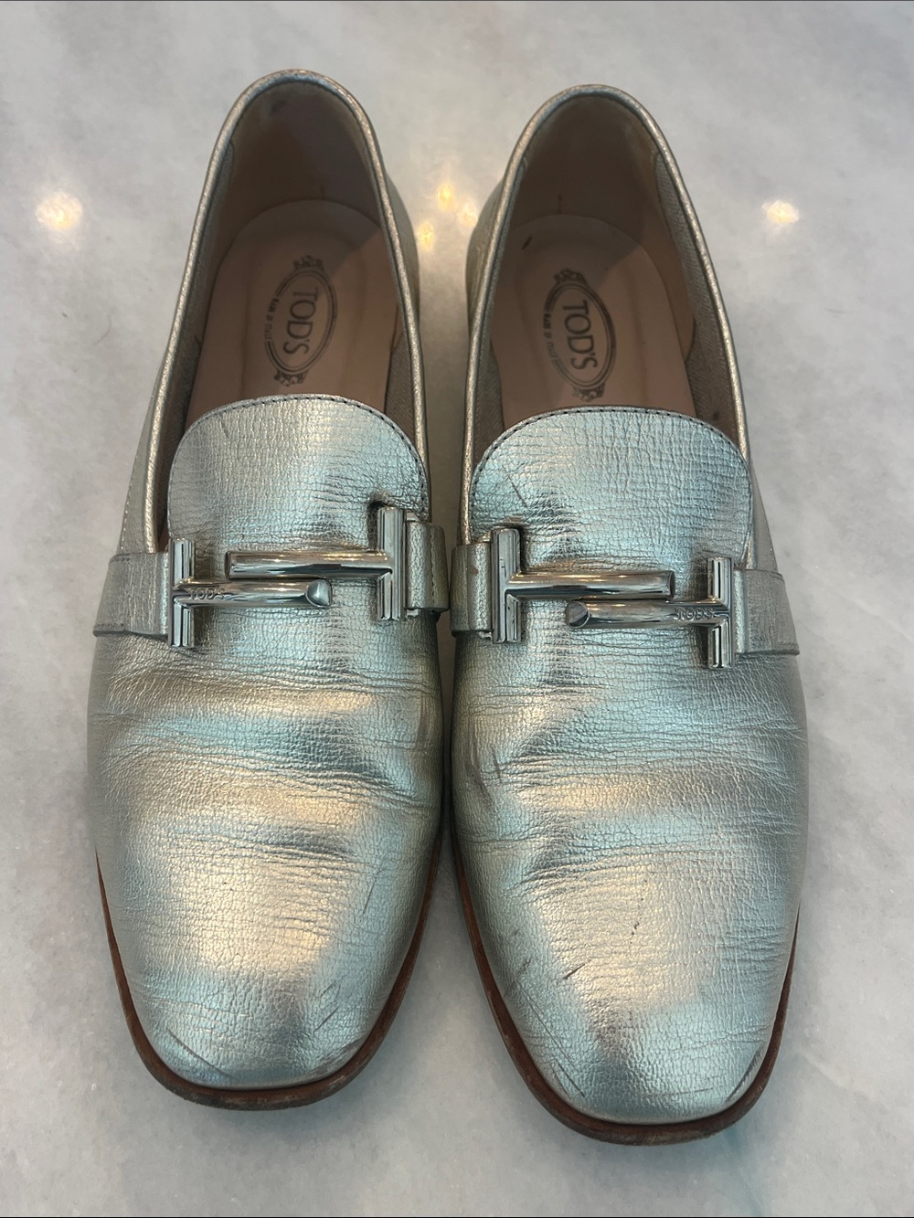 Tod's Silver Metallic Leather Bit Double T Loafers Women's Size 9.5 - Picture 3 of 11